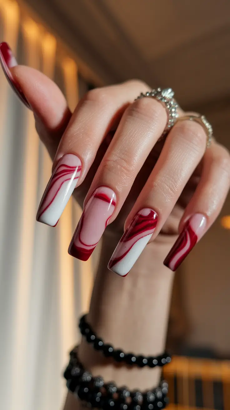 Fall Coffin Nail Designs 2025 Marble Burgundy Swirls That Wow