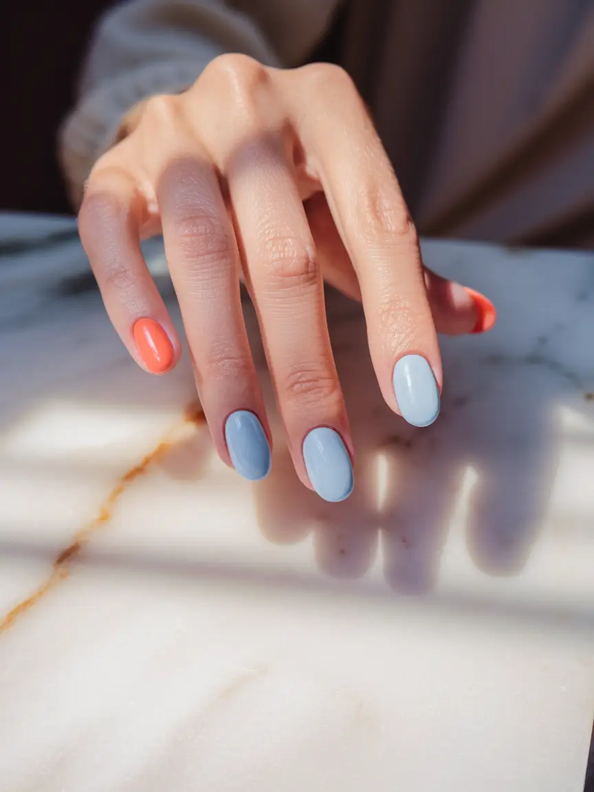 Fall Nail Colors 2025: Ideas for Women Over 50 Fresh Contrast: Coral Meets Soft Blue