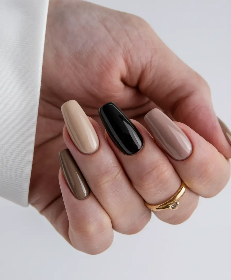 Fall Nail Colors 2025: Ideas for Women Over 50 Neutral Palette with a Black Accent
