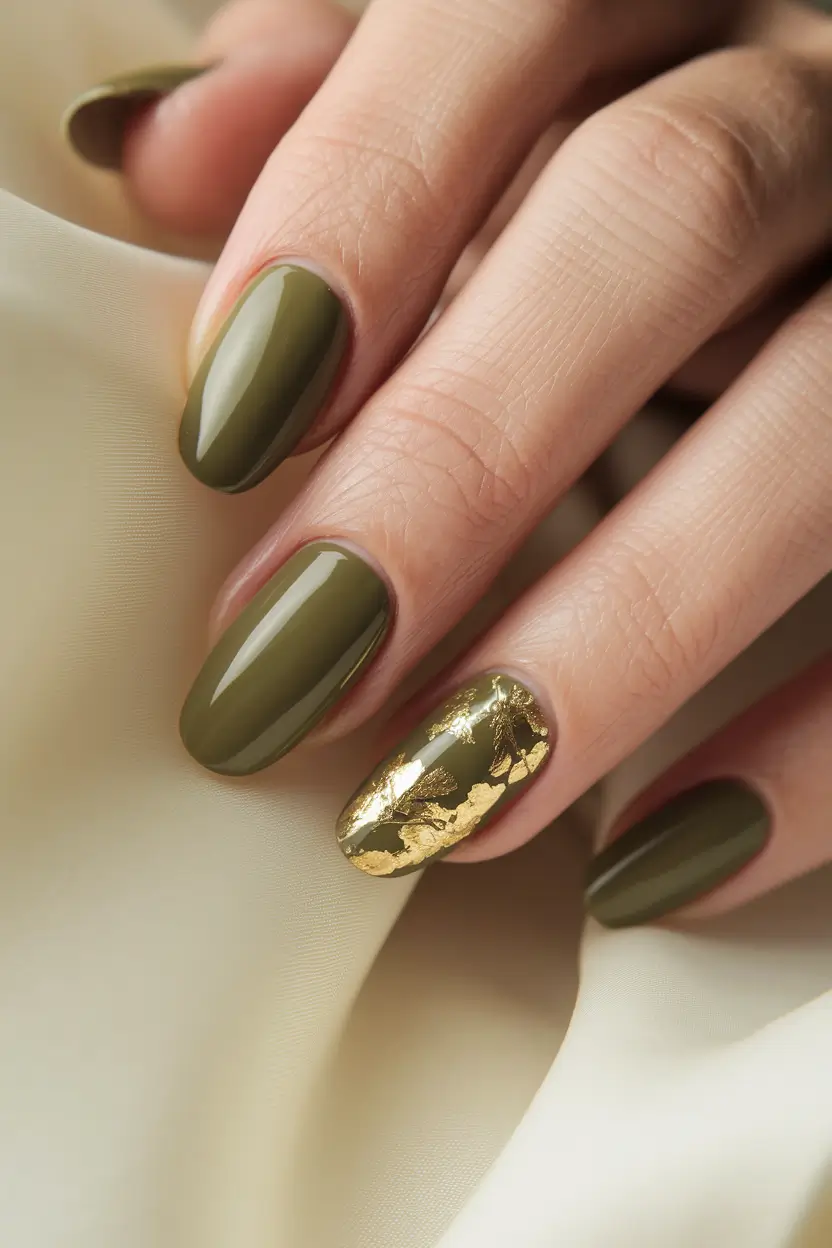Fall Nail Colors 2025: Ideas for Women Over 50 Olive Green with Golden Accent