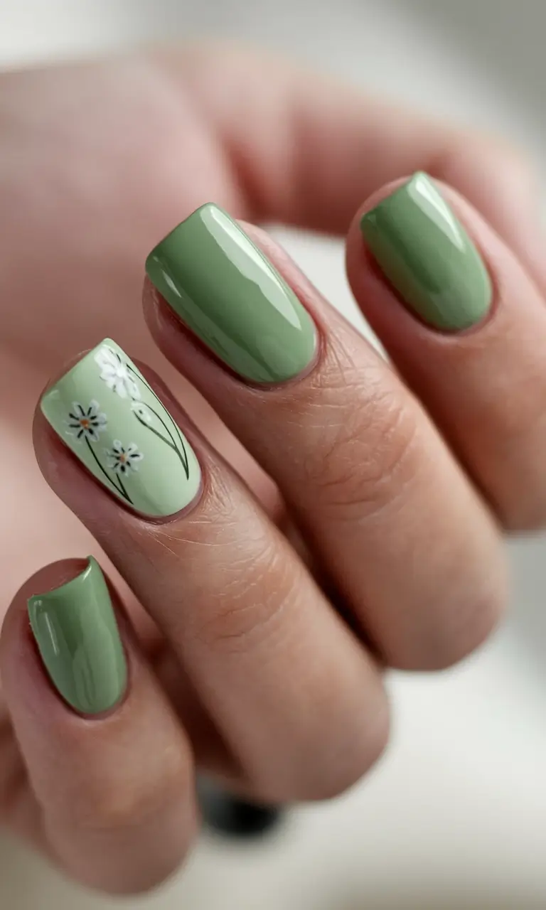 Fall Nail Colors 2025: Ideas for Women Over 50 Soft Sage with Floral Detail