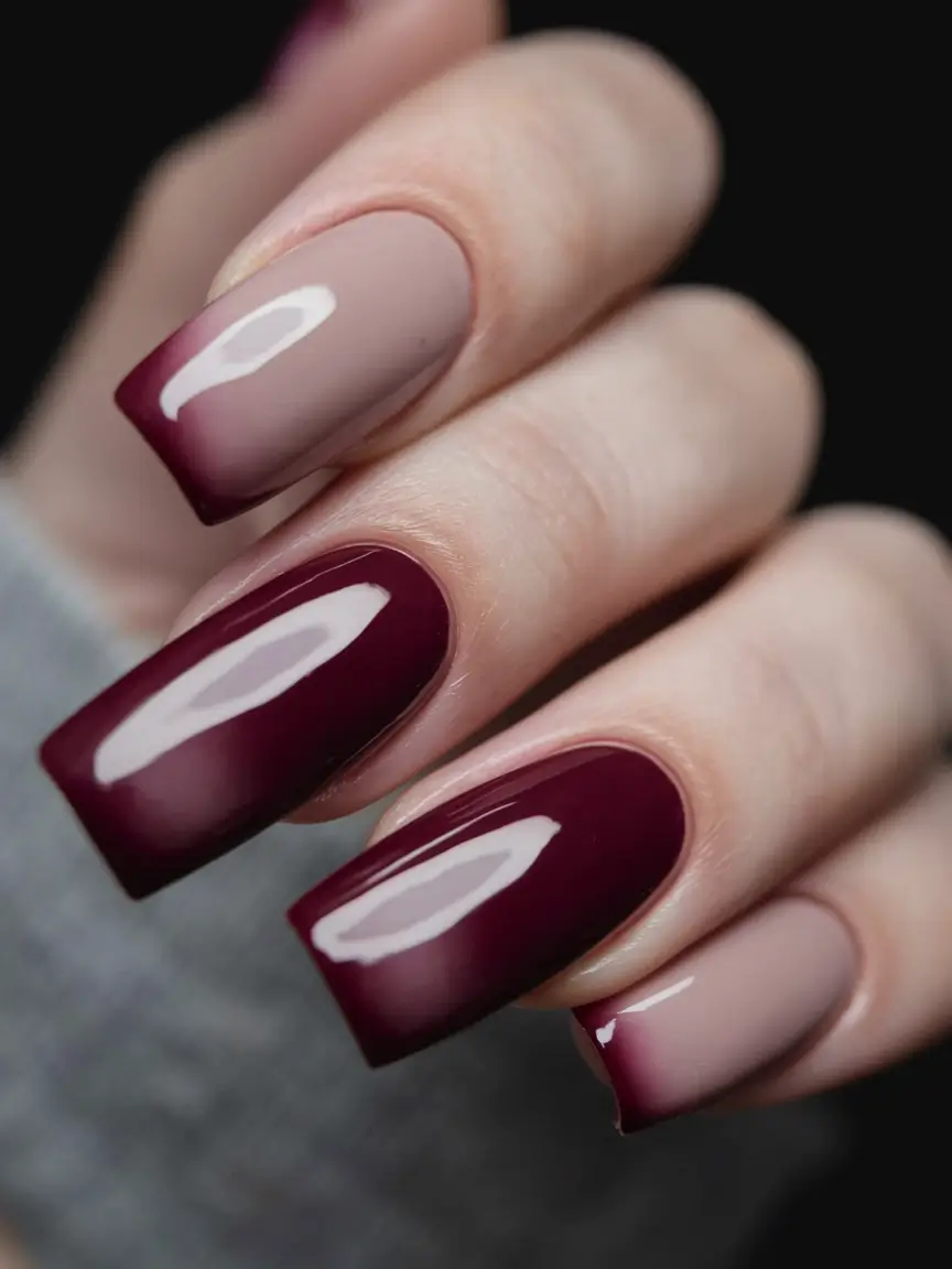 Fall Nail Colors 2025: Ideas for Women Over 50 Two-Tone Elegance: Nude Meets Burgundy