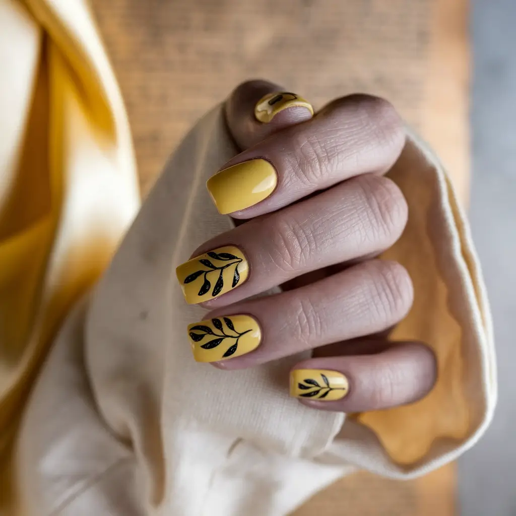 Fall Nails 2025 with Square Shape Golden Mustard with Botanical Art
