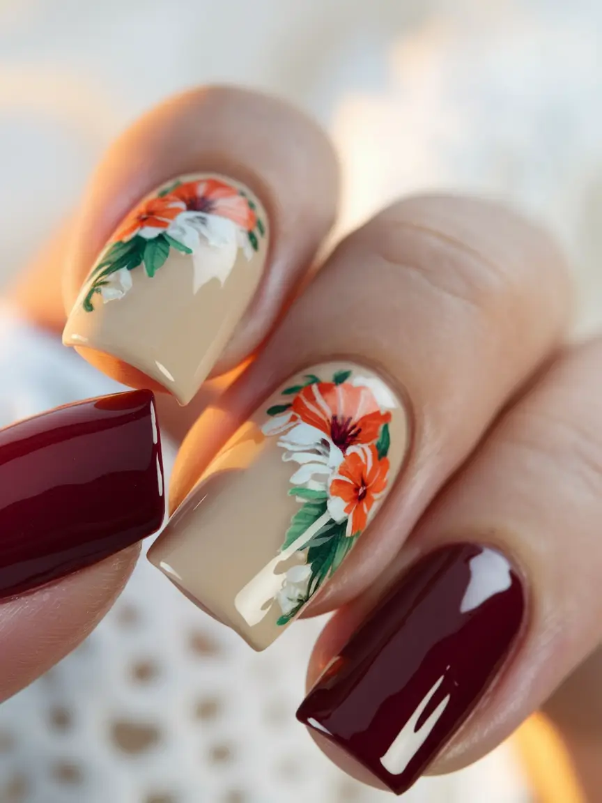 Fall Nails 2025 with Square Shape Burgundy & Beige with Floral Art