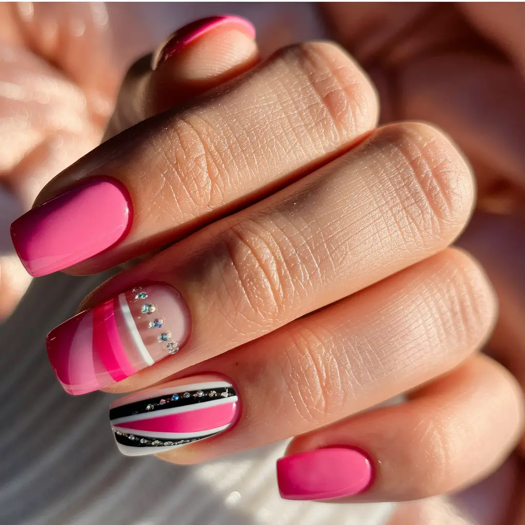 Fall Nails 2025 with Square Shape Vibrant Pink with Striped Accents