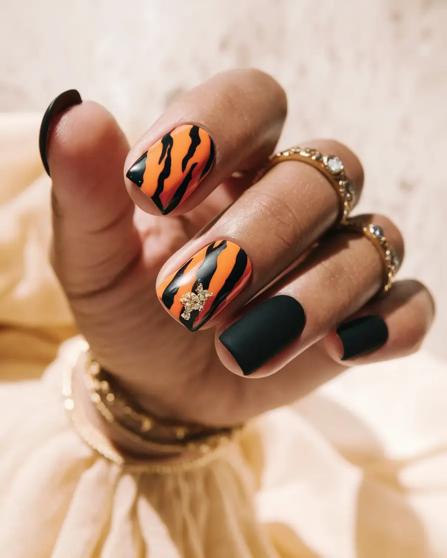 Fall Nails 2025 with Square Shape Tiger-Inspired Orange & Black