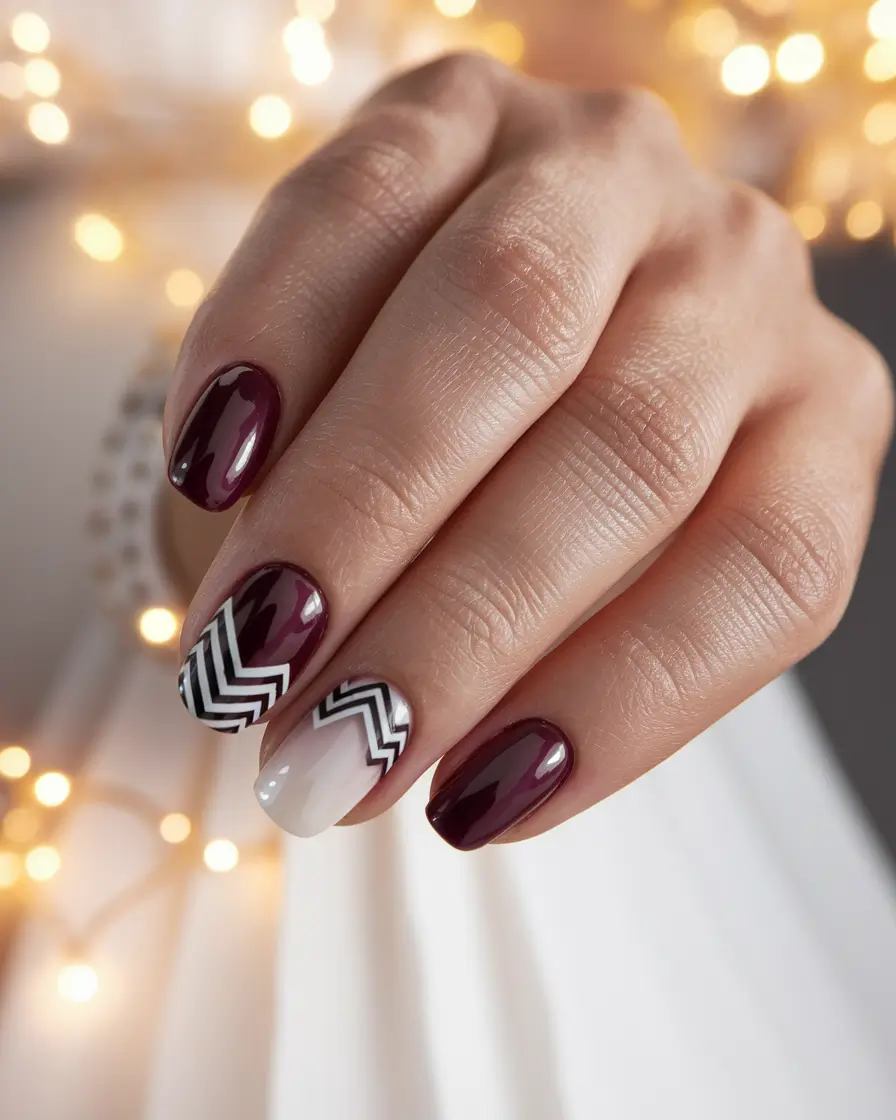Fall Nails 2025 with Square Shape Burgundy Chevron Contrast