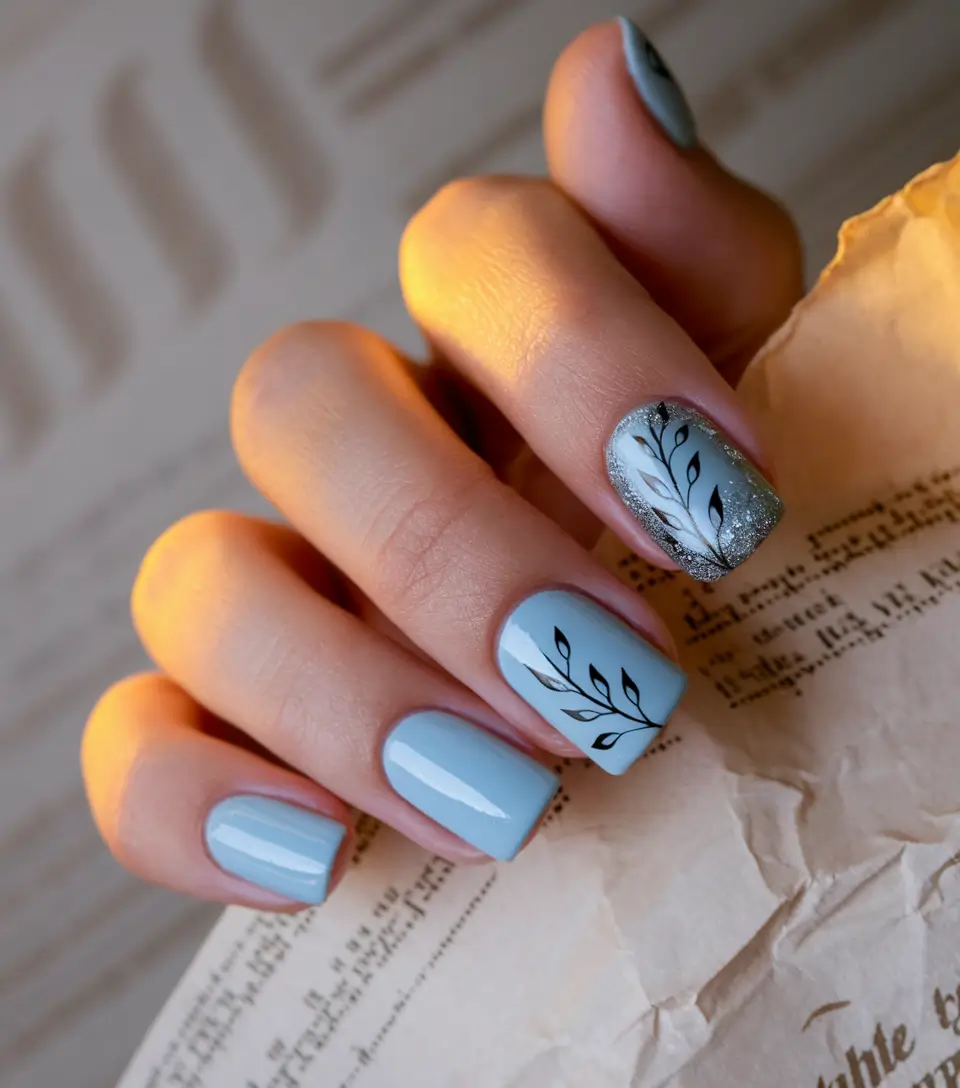 Fall Nails 2025 with Square Shape Soft Blue with Leafy Art