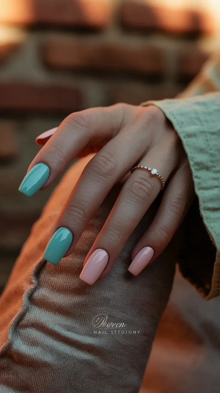 Fall Nails 2025 with Square Shape Mint & Nude Harmony