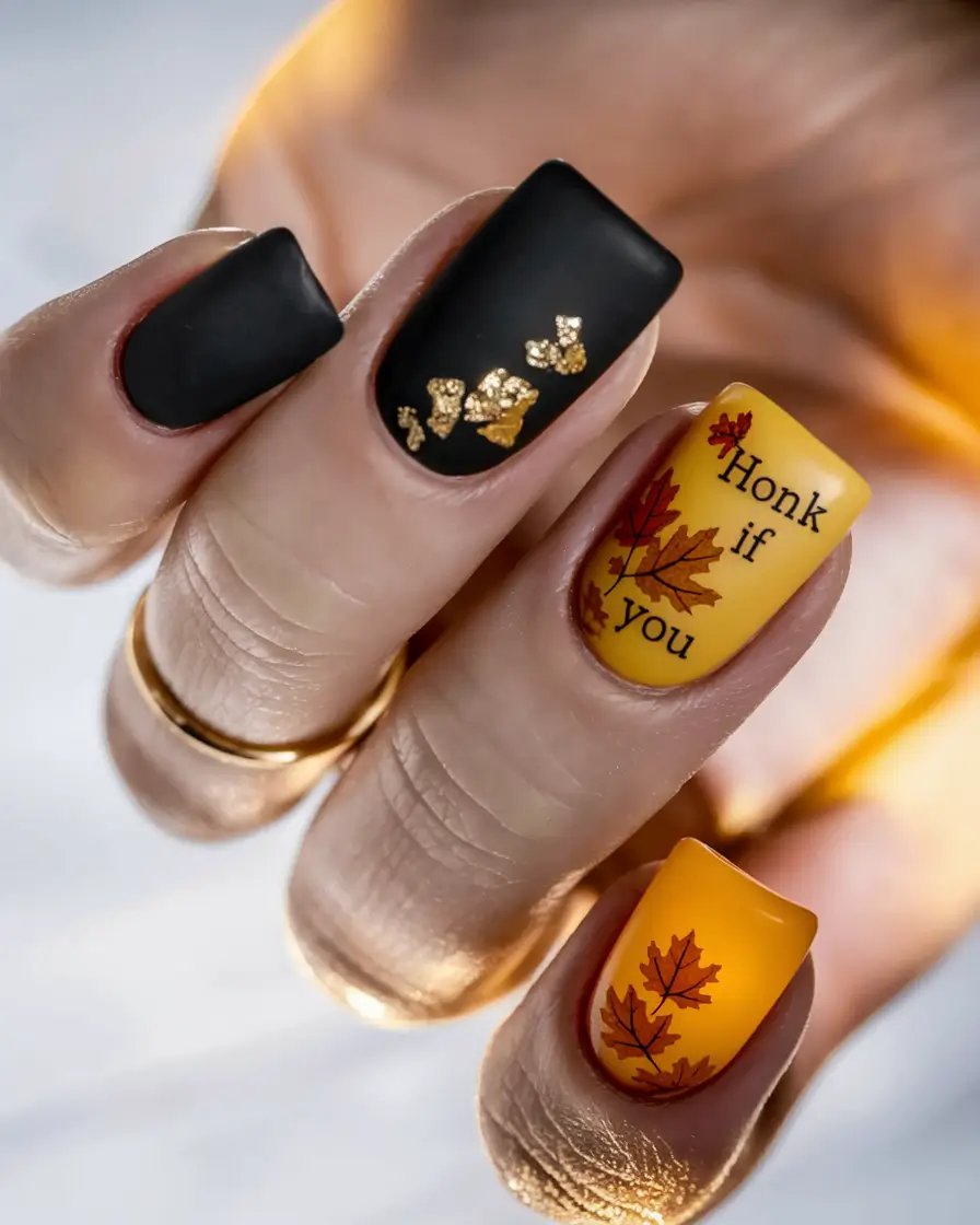 Fall Nails 2025 with Square Shape Matte Black & Autumn Prints