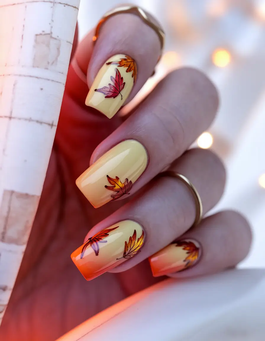Fall Nails 2025 with Square Shape Golden Maple Leaf Art