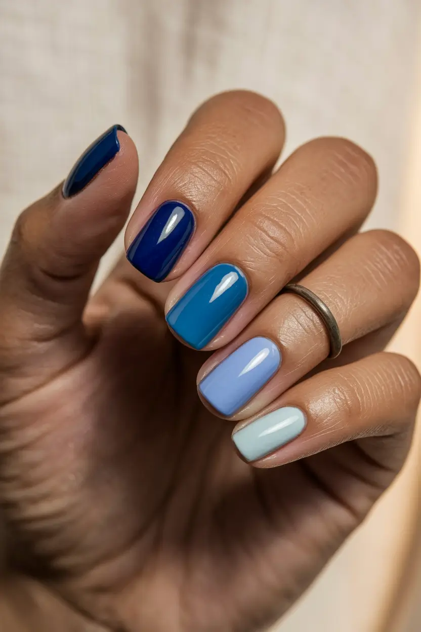 Fall Nails 2025 with Square Shape Shades of Blue Gradient