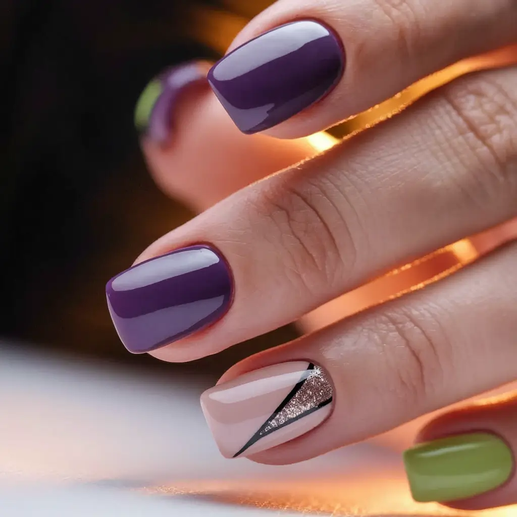 Fall Nails 2025 with Square Shape Purple Glam with Modern Accent