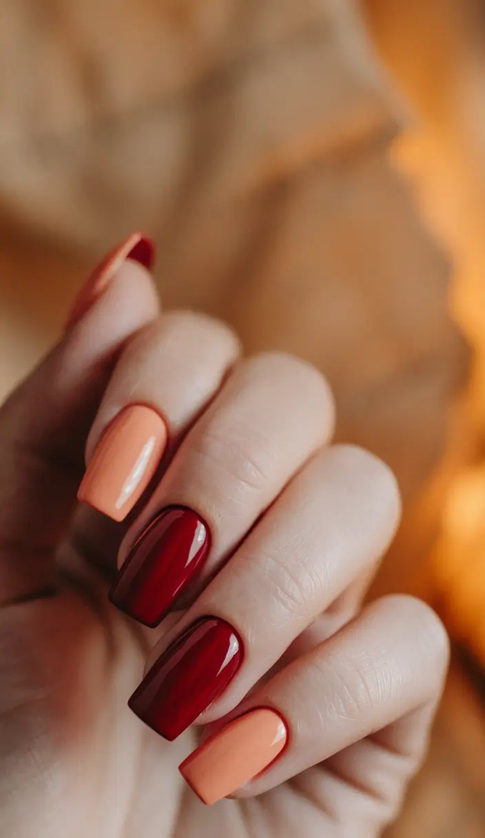 Fall Nails 2025 with Square Shape Red & Peach Duo