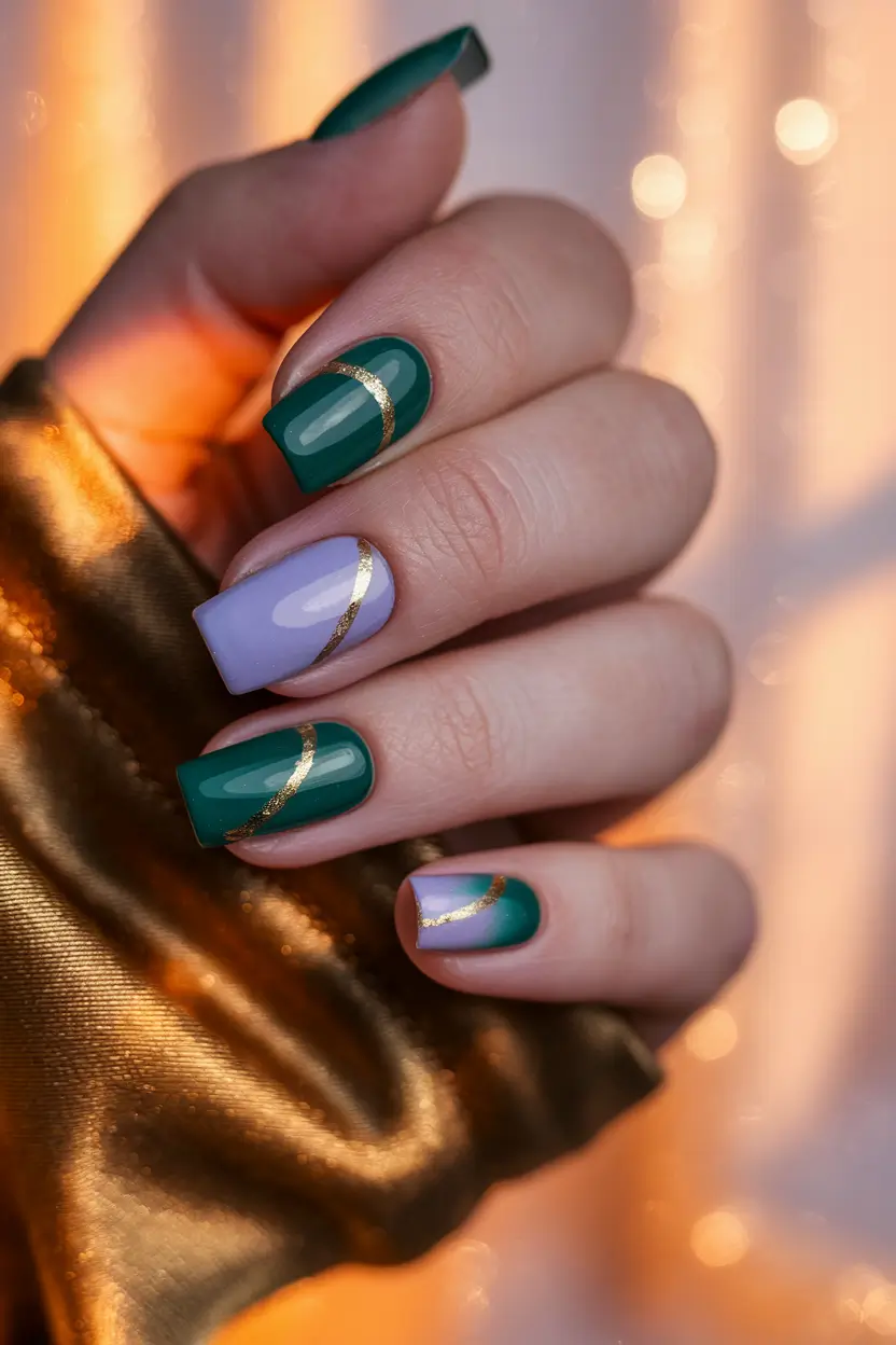 Fall Nails 2025 with Square Shape Emerald Green & Lilac with Golden Stripes