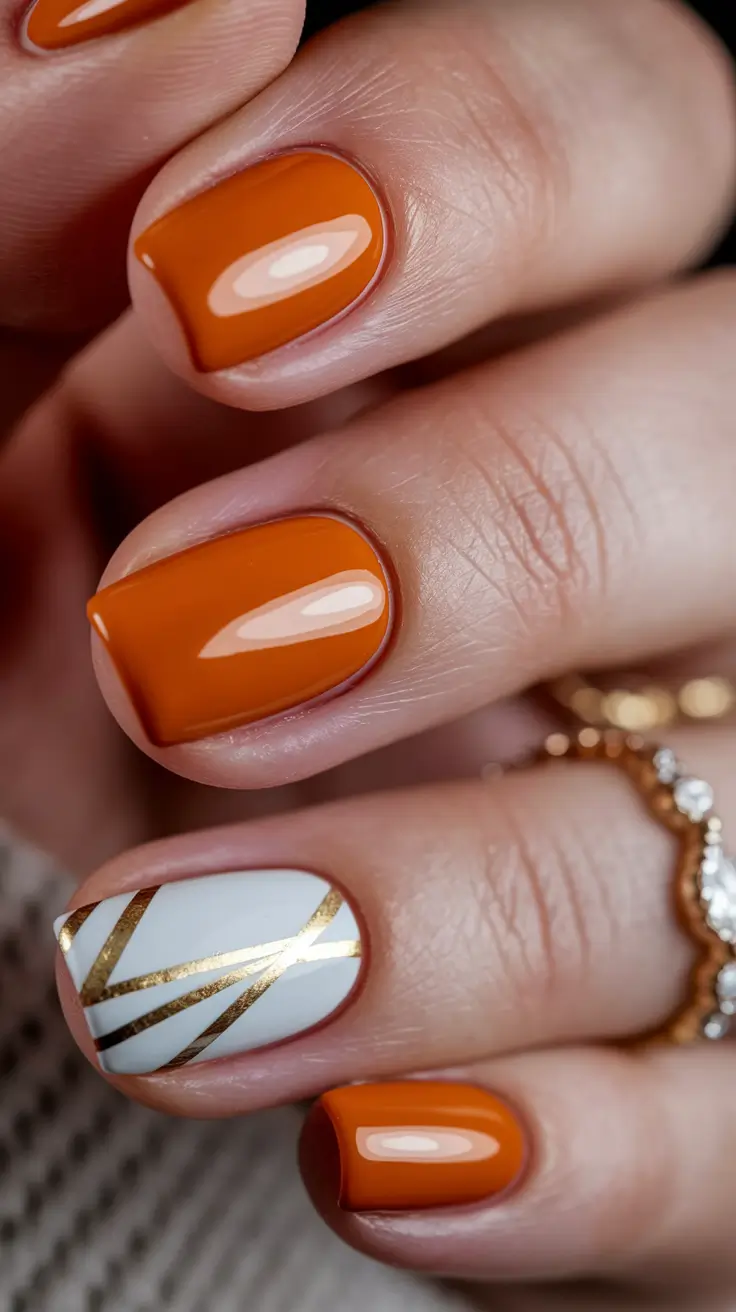 Fall Nails 2025 with Square Shape Burnt Orange with Golden Geometry