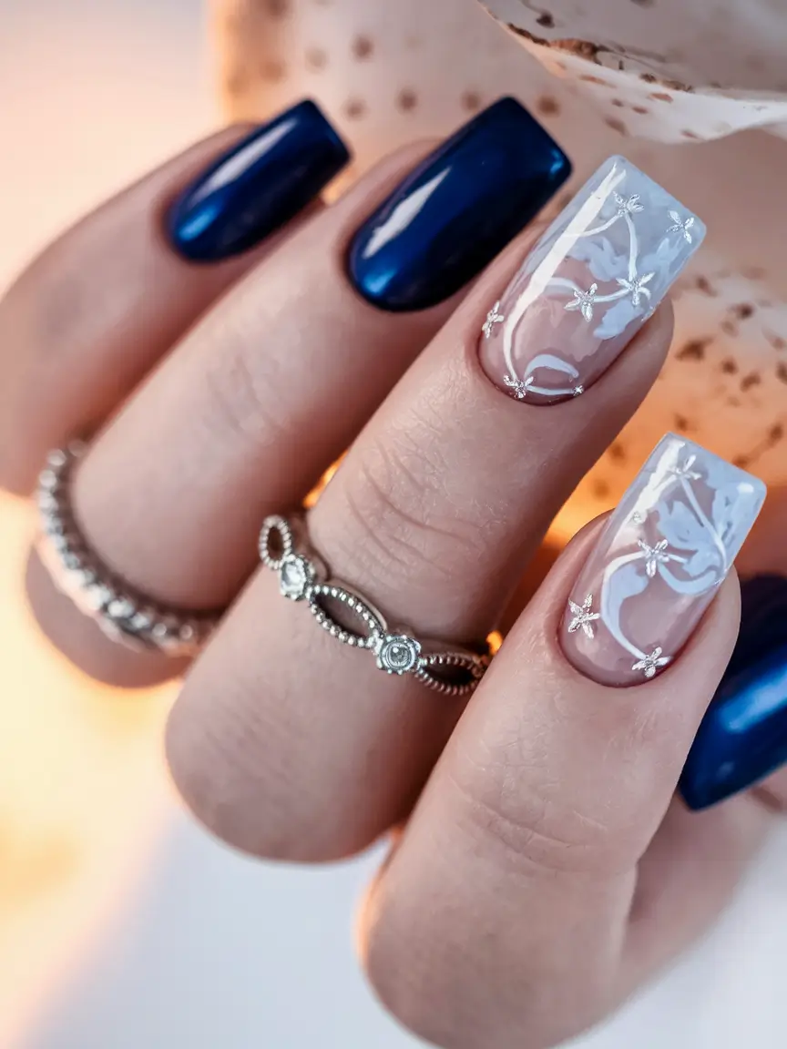 Fall Nails 2025 with Square Shape Midnight Blue Elegance with Frosted Florals