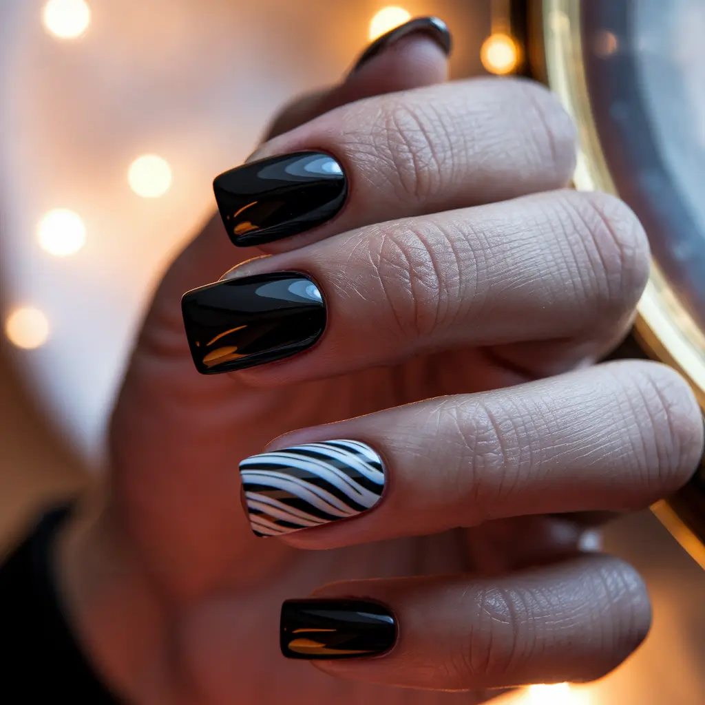 Fall Nails 2025 with Square Shape Classic Black with Zebra Accent