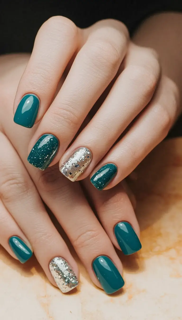 Fall Nails 2025 with Square Shape Teal Sparkle with Silver Accents