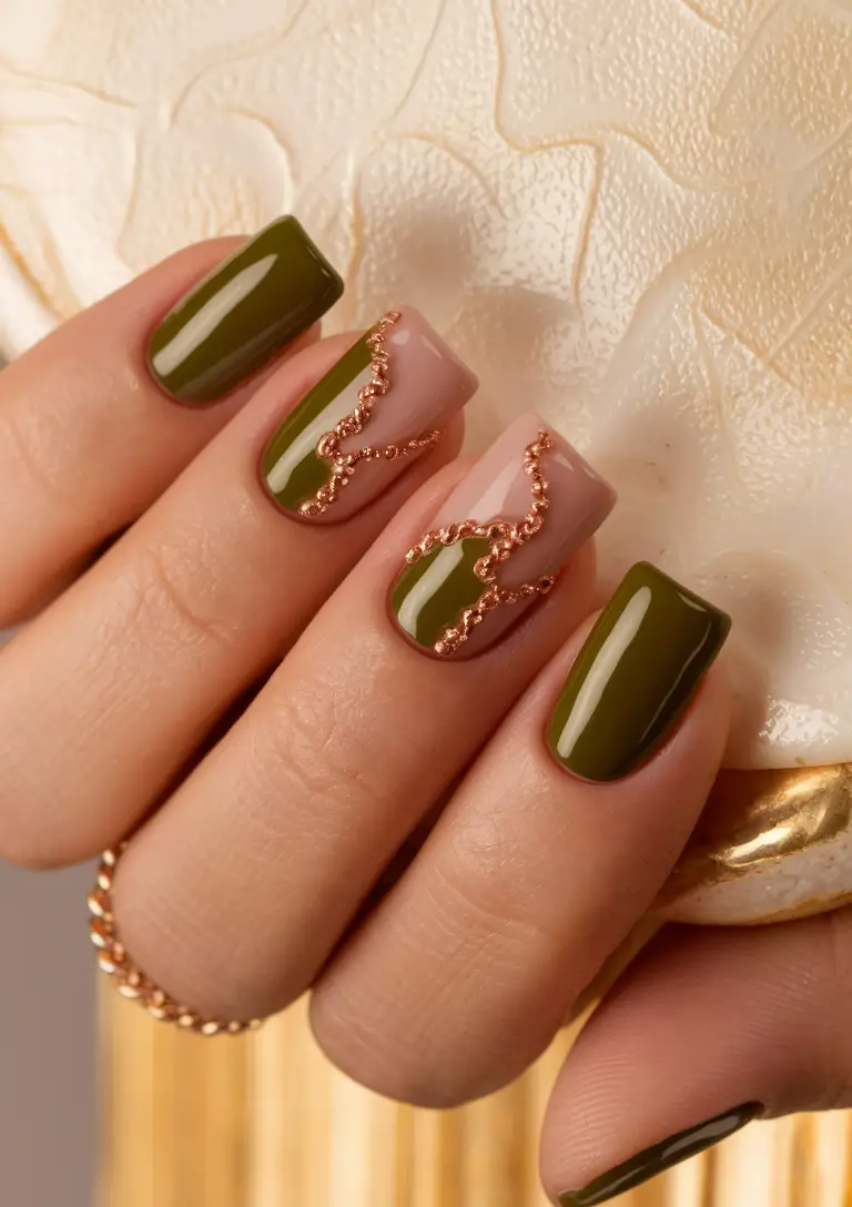 Fall Nails 2025 with Square Shape Olive Green with Golden Chains