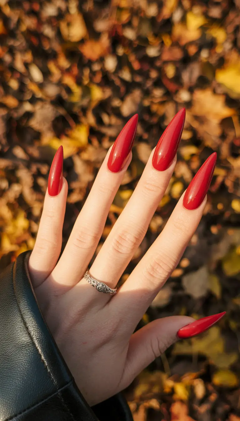 Fall Stiletto Nail Designs 2025 Maple Leaf Red