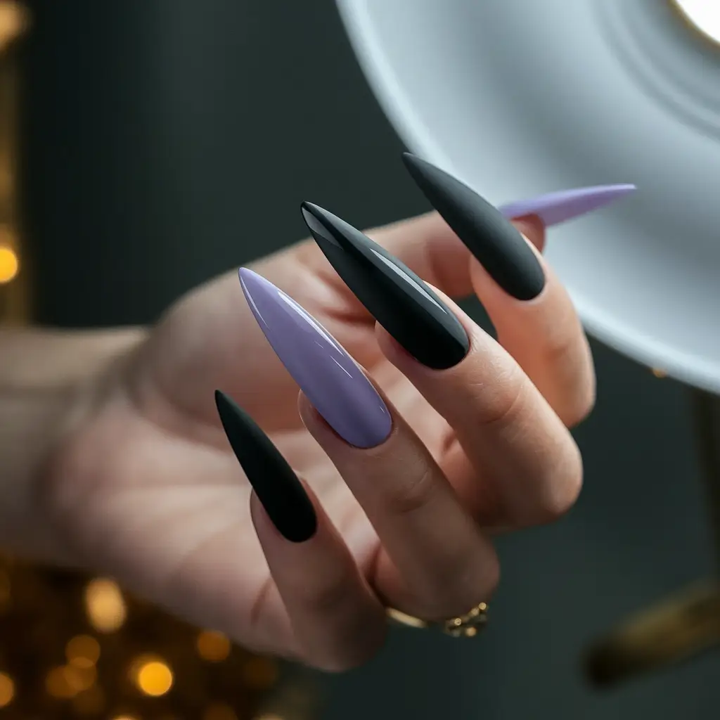 Fall Stiletto Nail Designs 2025 Matte Noir & Lavender Contrast