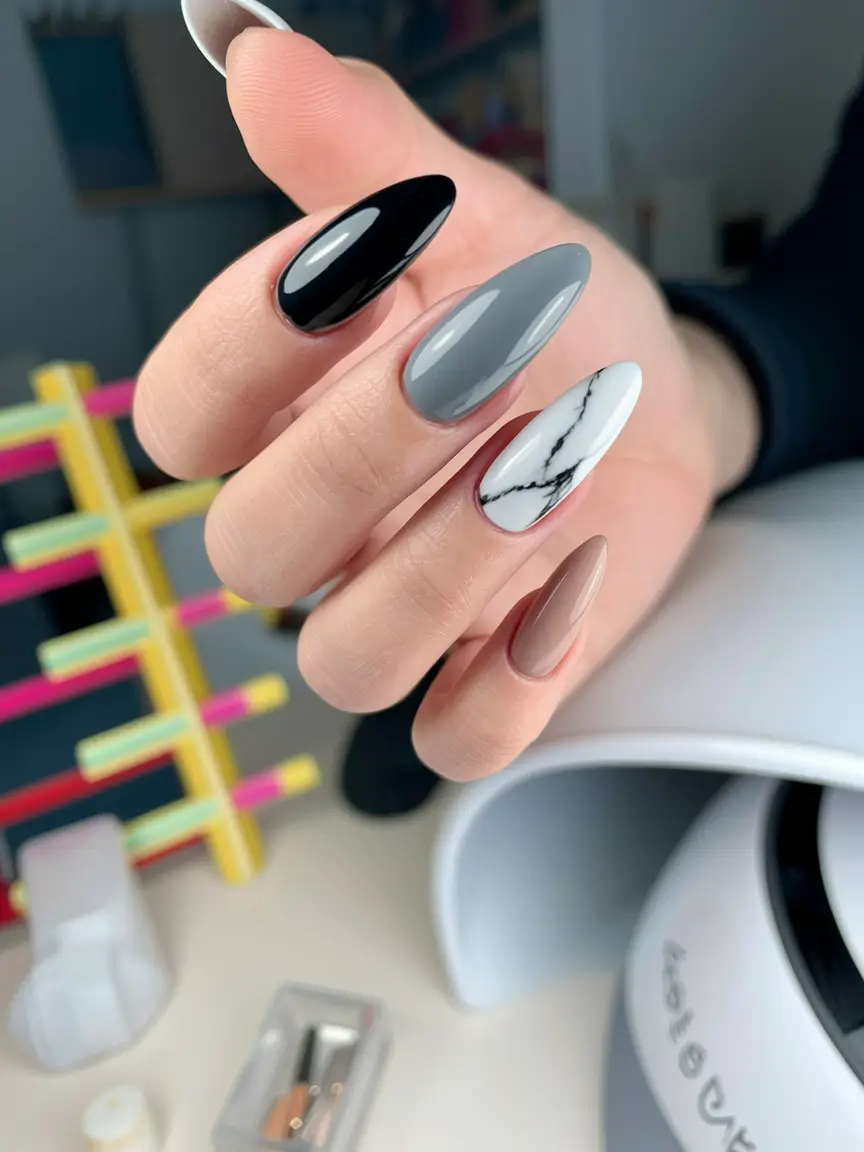 Fall Stiletto Nail Designs 2025 Monochrome Marble Mix