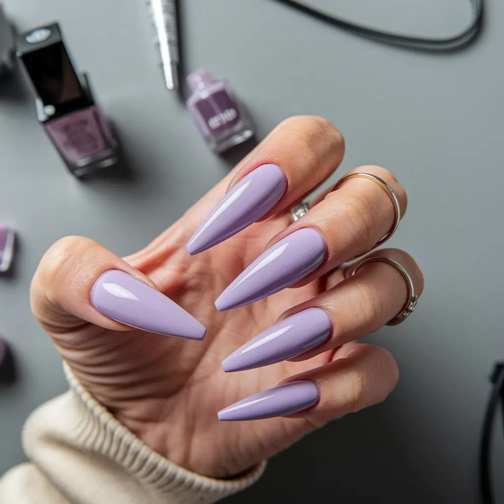 Fall Stiletto Nail Designs 2025 Lavender Sleek Shine