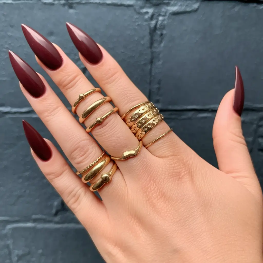 Fall Stiletto Nail Designs 2025 Matte Burgundy Luxe