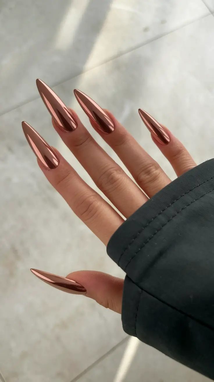Fall Stiletto Nail Designs 2025 Molten Copper Chrome