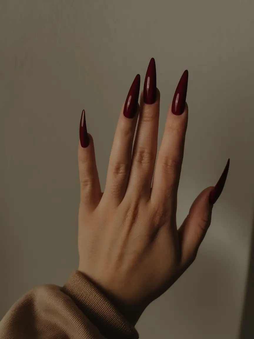 Fall Stiletto Nail Designs 2025 Velvet Merlot Elegance
