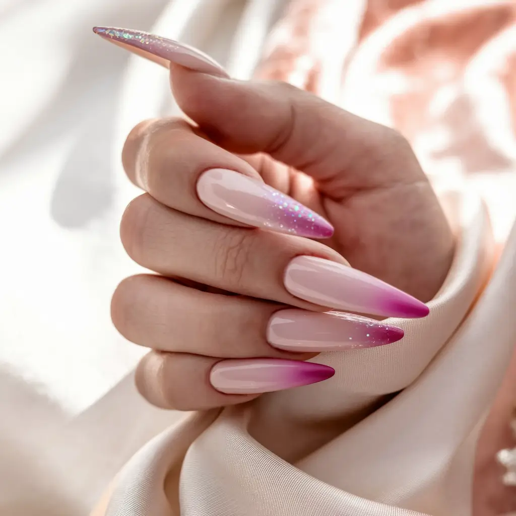 Fall Stiletto Nail Designs 2025 Rosé Ombre Sparkle
