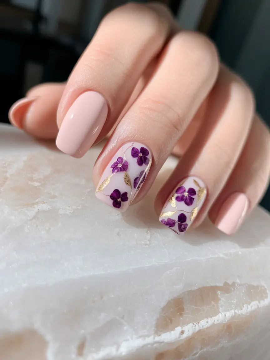 Fall Wedding Nail Designs 2025 Pressed Flower Charm on Soft Nude