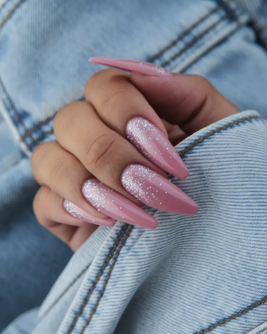 Fall Wedding Nail Designs 2025 Pink Glitter Stiletto Drama