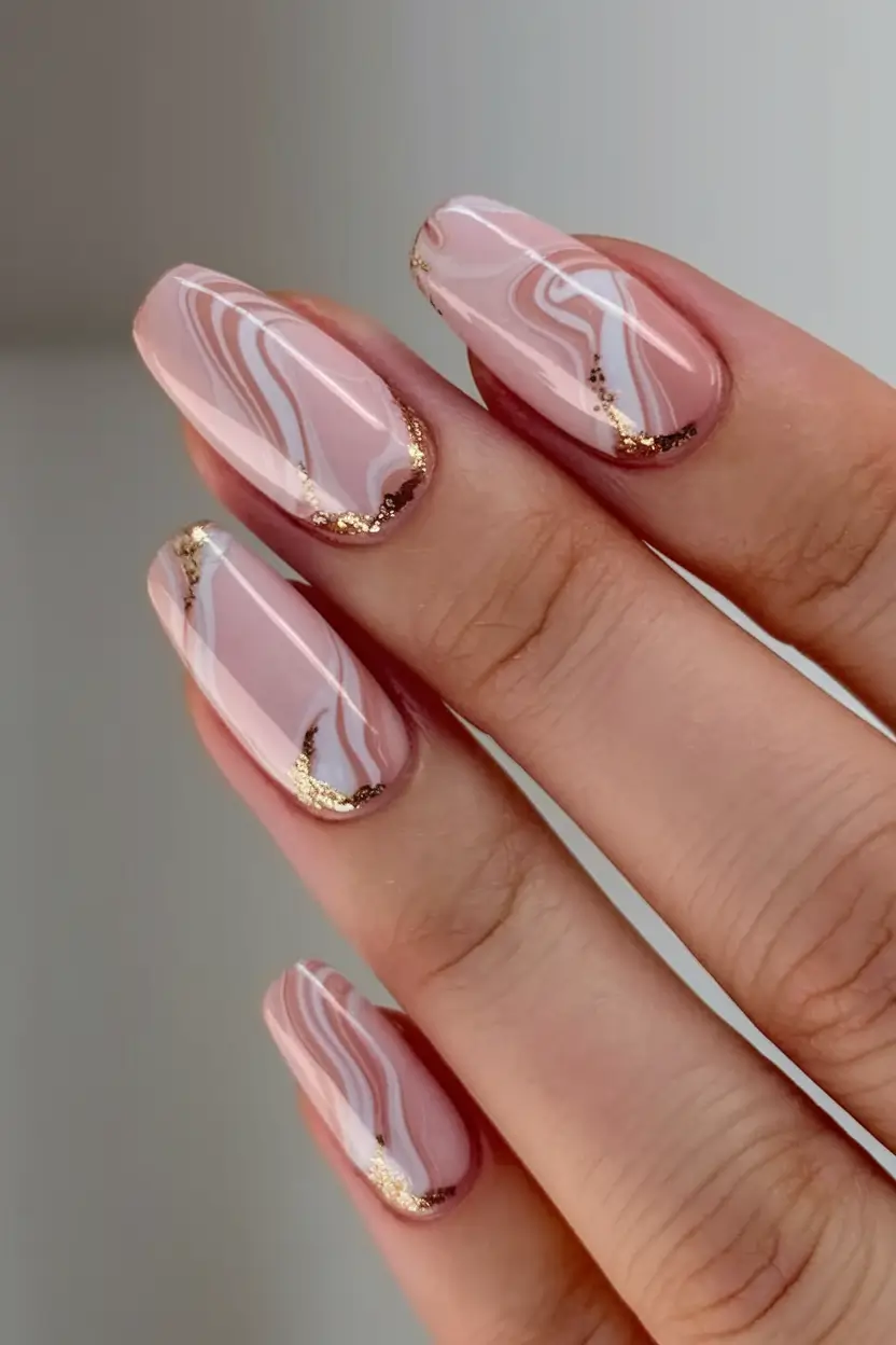 Fall Wedding Nail Designs 2025 Marble Veins with Gold Leaf Detail