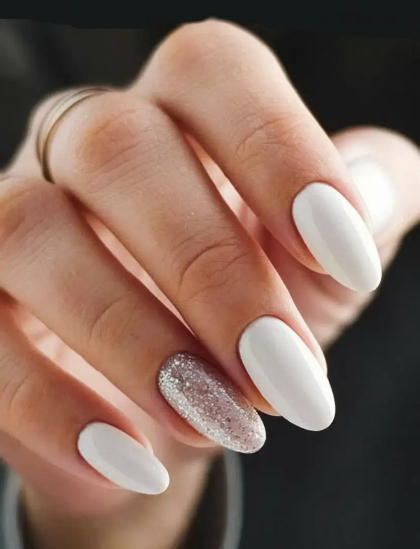 Fall Wedding Nail Designs 2025 White with Silver Accent Nail
