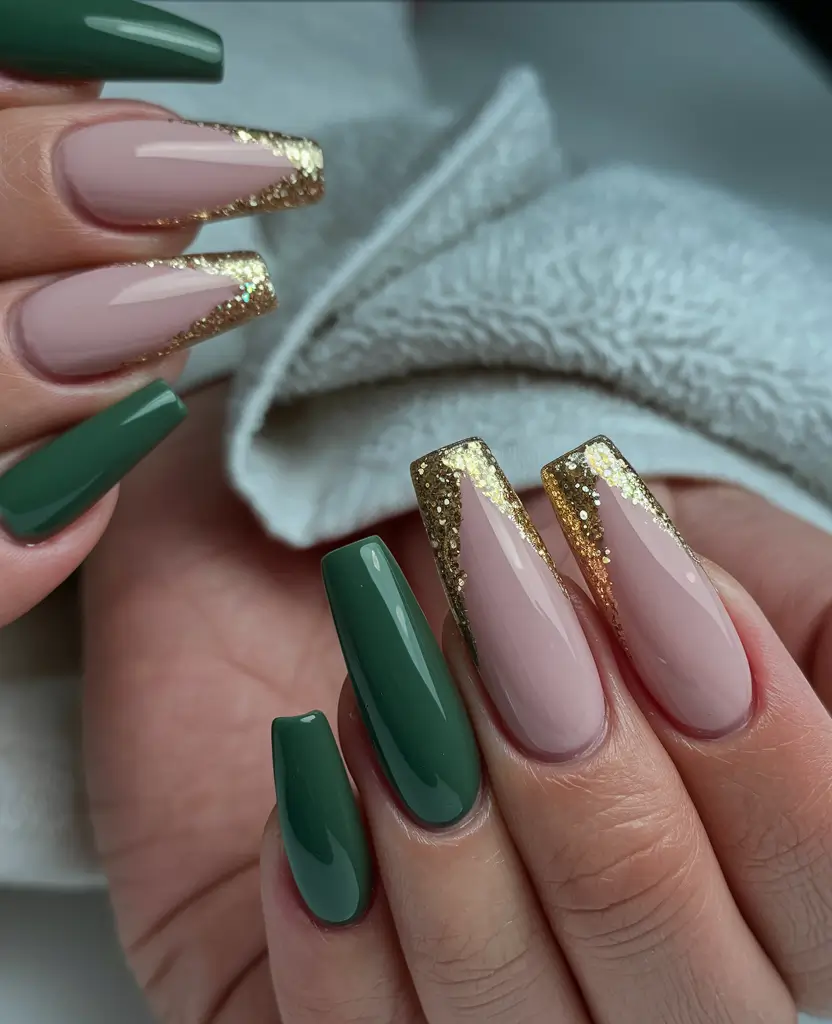 Fall Wedding Nail Designs 2025 Emerald Green and Gold Glitter Tipped French