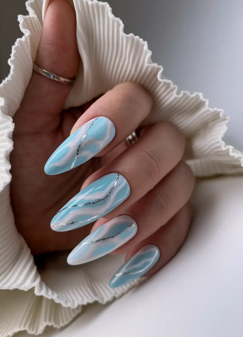 Fall Wedding Nail Designs 2025 Ocean Blue Marble with Silver Veining
