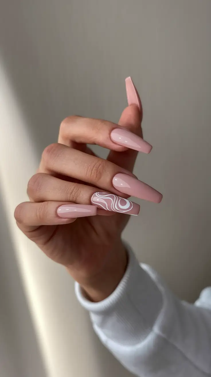 Fall Wedding Nail Designs 2025 Minimal Nude with White Abstract Accent