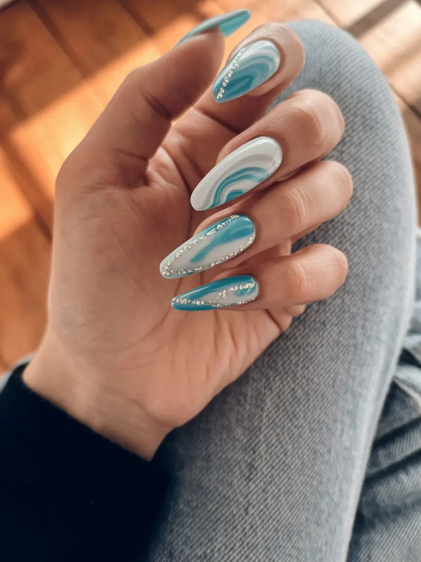 Fall Wedding Nail Designs 2025 Ocean-Inspired Blue with Crystal Detailing