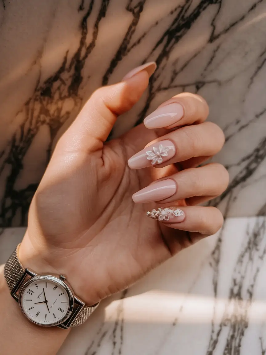 Fall Wedding Nail Designs 2025 Delicate Floral and Crystal Accents