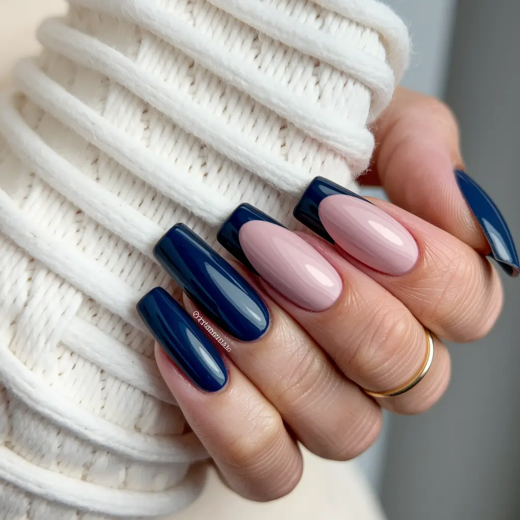 Fall Ballerina-Shaped Nail Ideas 2025 Midnight Navy with Soft Pink Moons