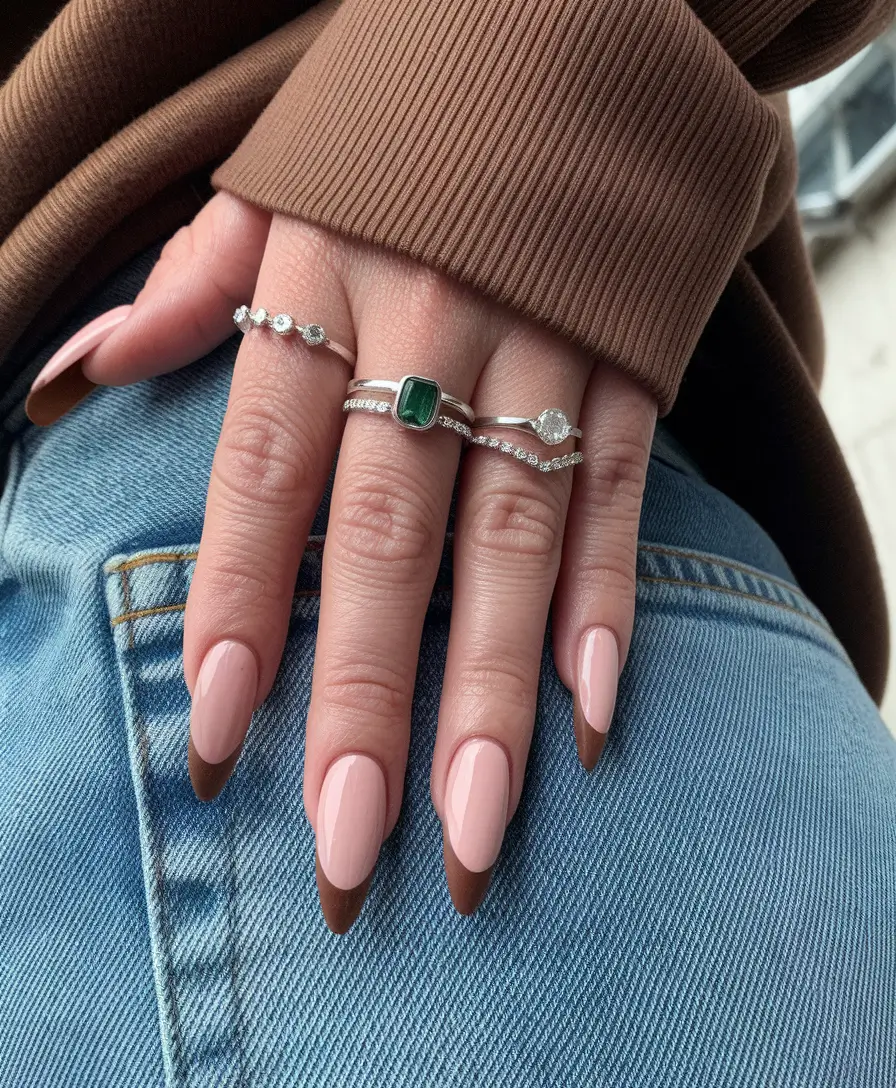 Fall Ballerina-Shaped Nail Ideas 2025 Chocolate-Tipped Nude Elegance
