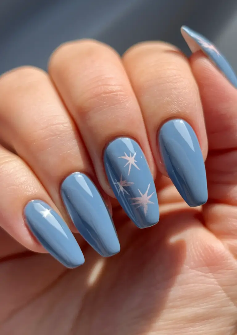 Fall Ballerina-Shaped Nail Ideas 2025 Dusty Blue with Star Accents