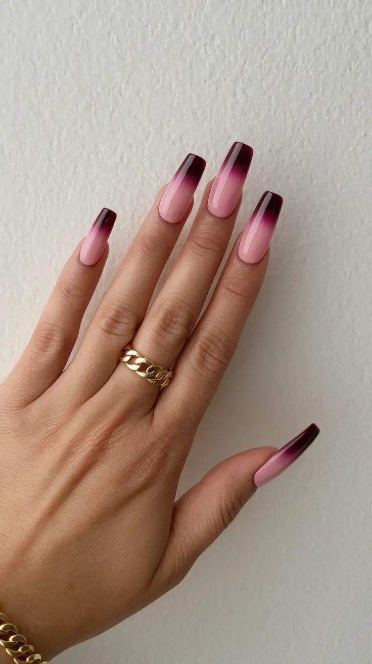 Fall Ballerina-Shaped Nail Ideas 2025 Burgundy Fade Ballerina