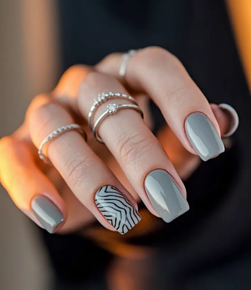 Modern Fall Manicure Ideas 2025 Minimalist Grey with Zebra Accent