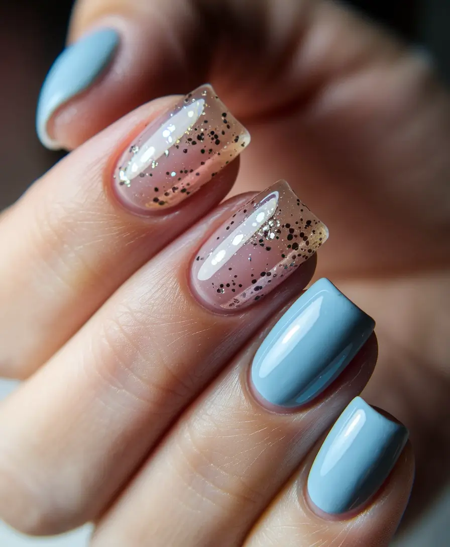 Modern Fall Manicure Ideas 2025 Frosted Sky with Glitter Fade