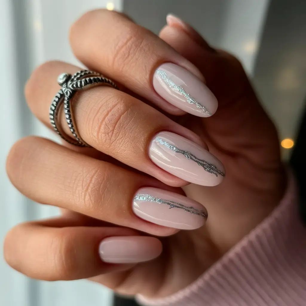 Nail Color Ideas for Women Over 60 - Fall 2025 Blush Pink with Silver Lines