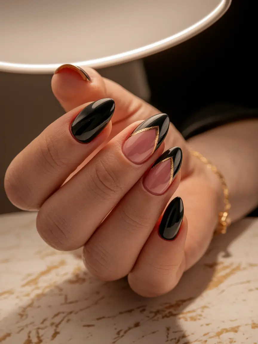 Nail Color Ideas for Women Over 60 - Fall 2025 Black and Gold Edge
