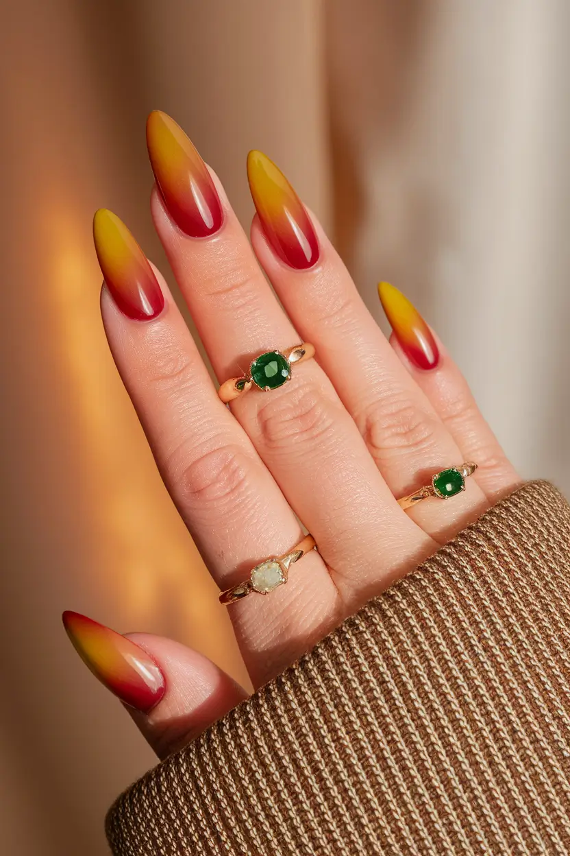 nail trends for fall 2025 Golden Hour Gradient Almond Nails